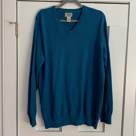 LL Bean Mens Size M Tall Blue V Neck Sweater Cotton/Cashmere - Picture 1 of 6